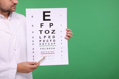 Photo of Ophthalmologist pointing at vision test chart on green background, closeup. Space for text