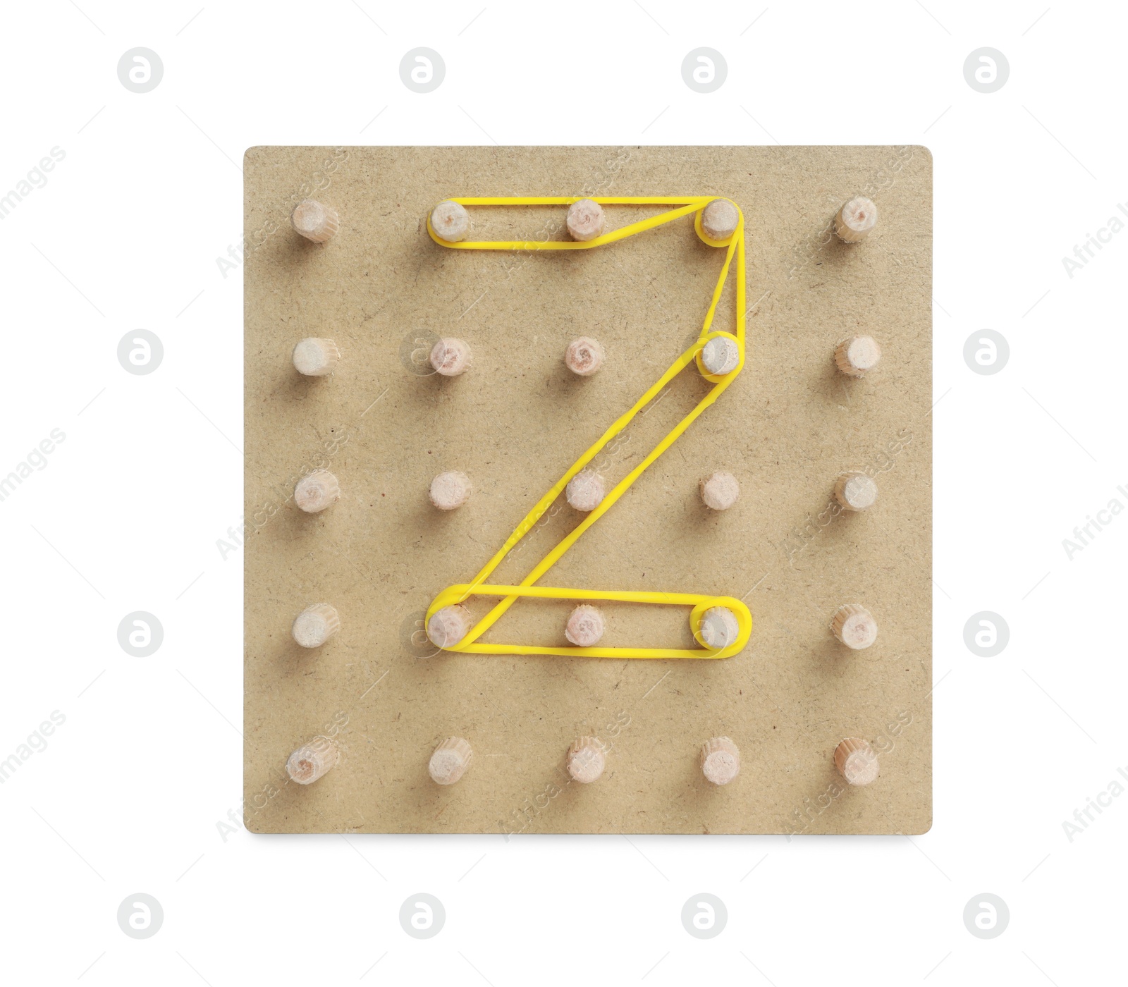 Photo of Wooden geoboard with number 2 made of rubber bands isolated on white. Educational toy for motor skills development