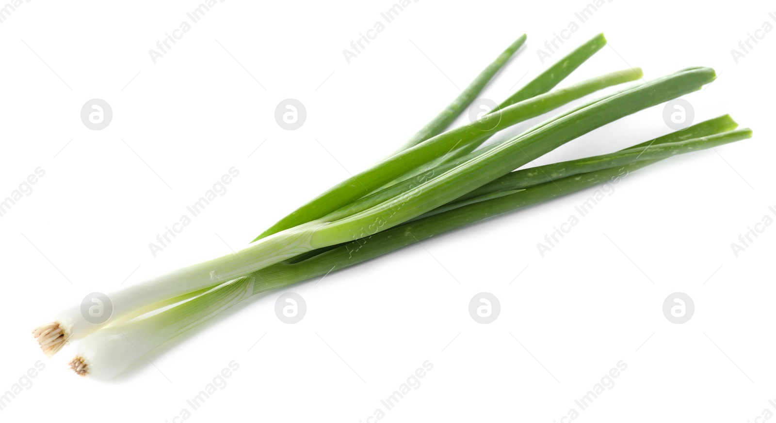 Photo of Fresh ripe green onions on white background