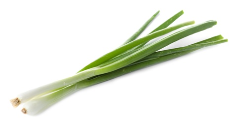 Photo of Fresh ripe green onions on white background