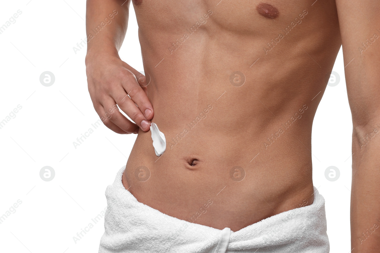 Photo of Man with moisturizing cream on his body against white background, closeup