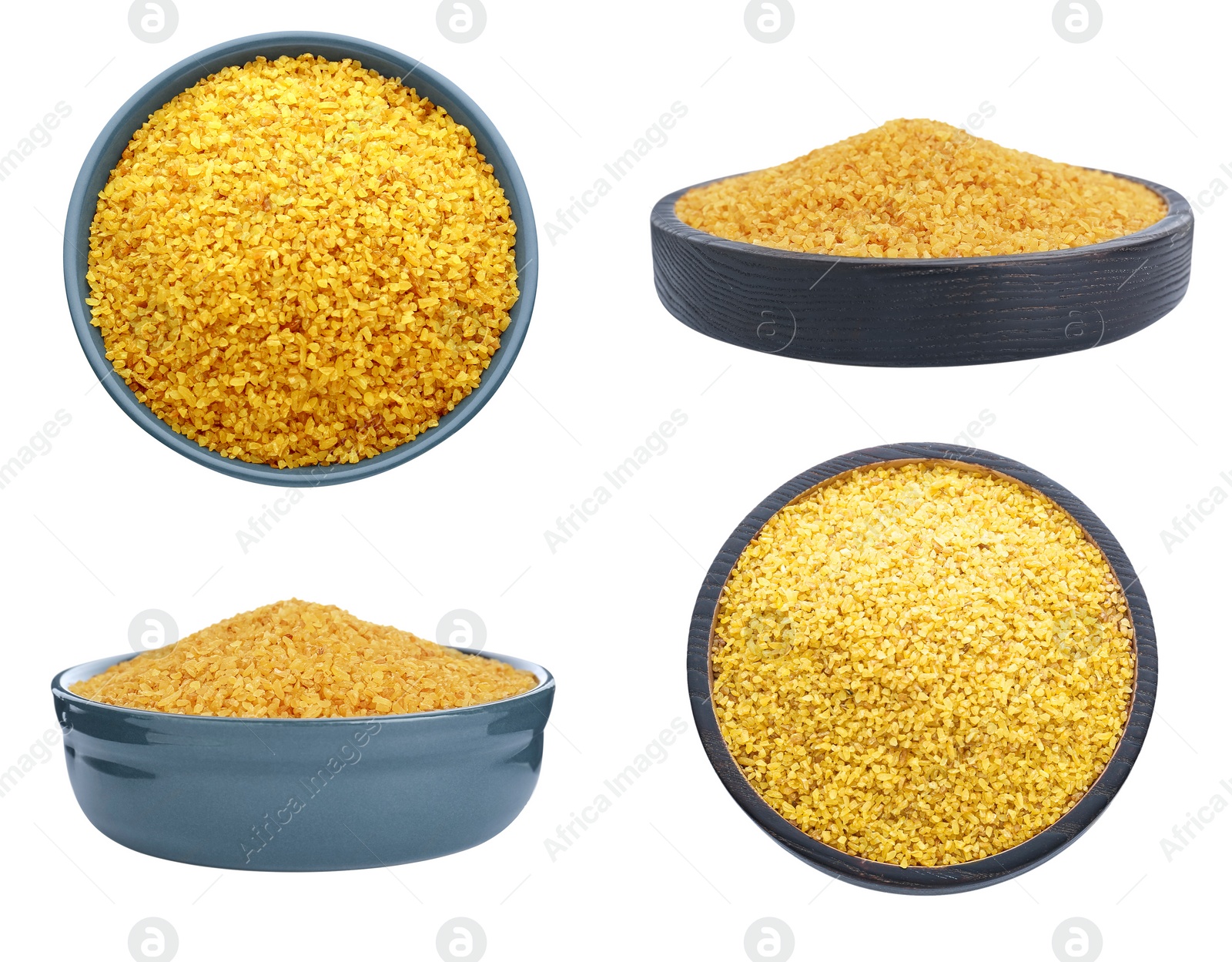 Image of Collage with bowls of uncooked bulgur, top and side views