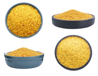 Image of Collage with bowls of uncooked bulgur, top and side views