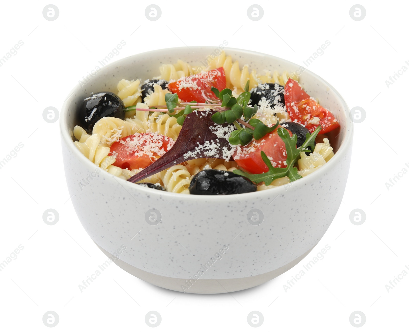 Photo of Bowl of delicious pasta with tomatoes, olives and cheese on white background