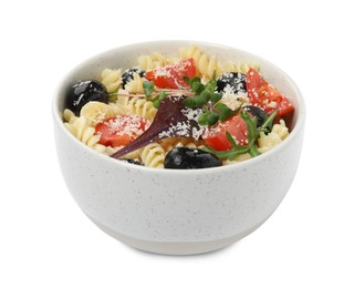 Bowl of delicious pasta with tomatoes, olives and cheese on white background