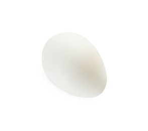 Photo of Peeled boiled quail egg on white background, top view