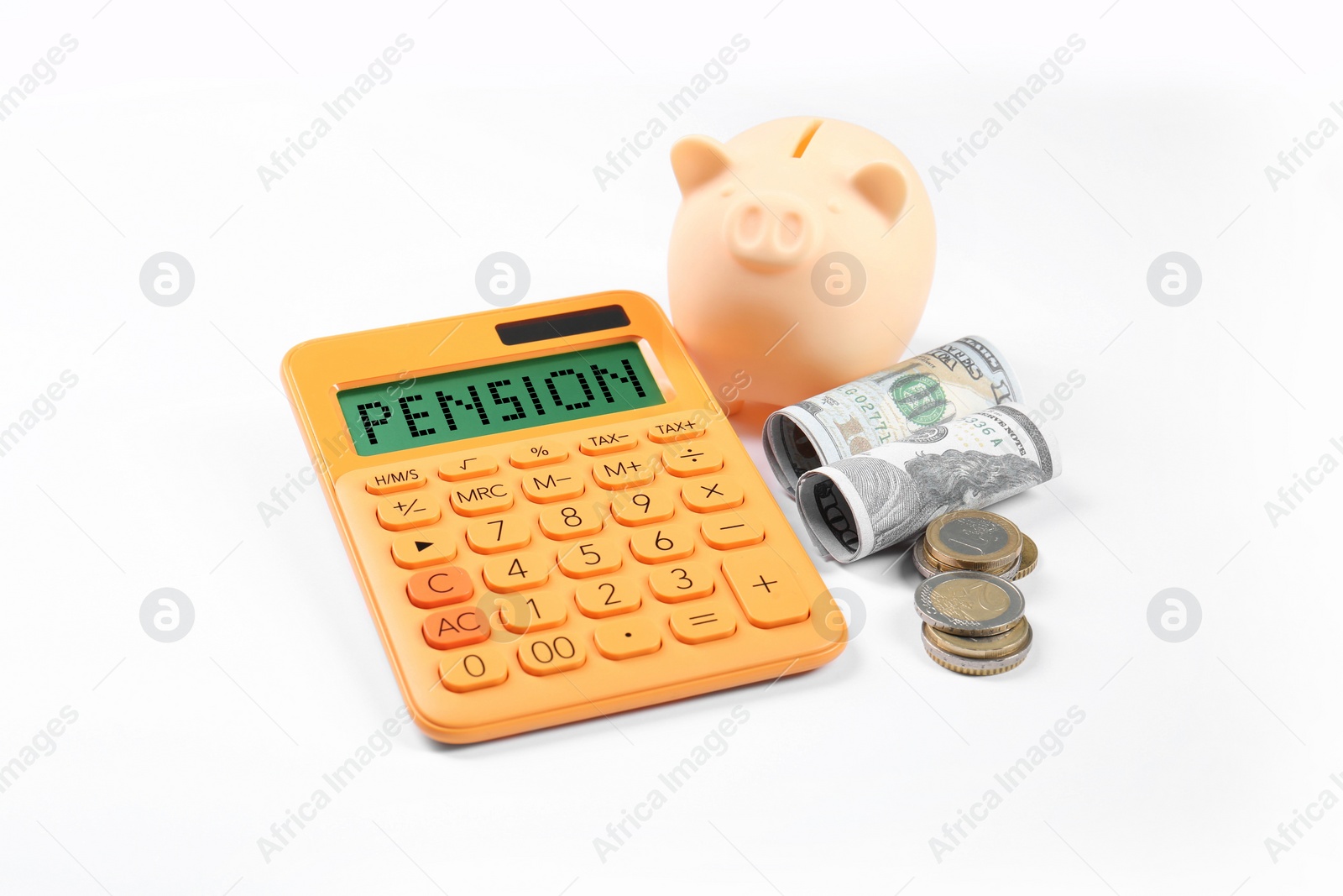 Image of Calculator with word Pension, money and piggy bank on white background