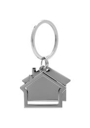 Photo of One metal keychain in shape of houses isolated on white