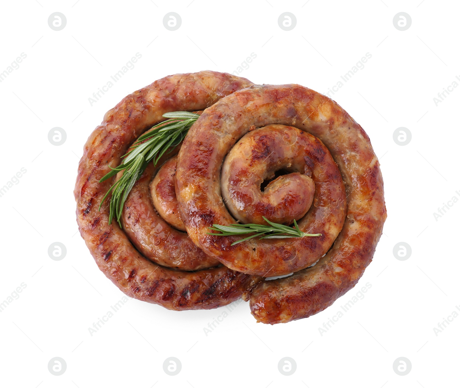 Photo of Delicious homemade sausages with rosemary isolated on white, top view