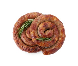 Photo of Delicious homemade sausages with rosemary isolated on white, top view