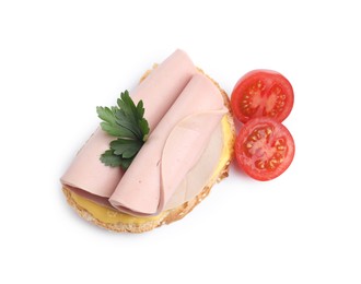 Photo of Delicious sandwich with boiled sausage, cheese and tomato isolated on white, top view