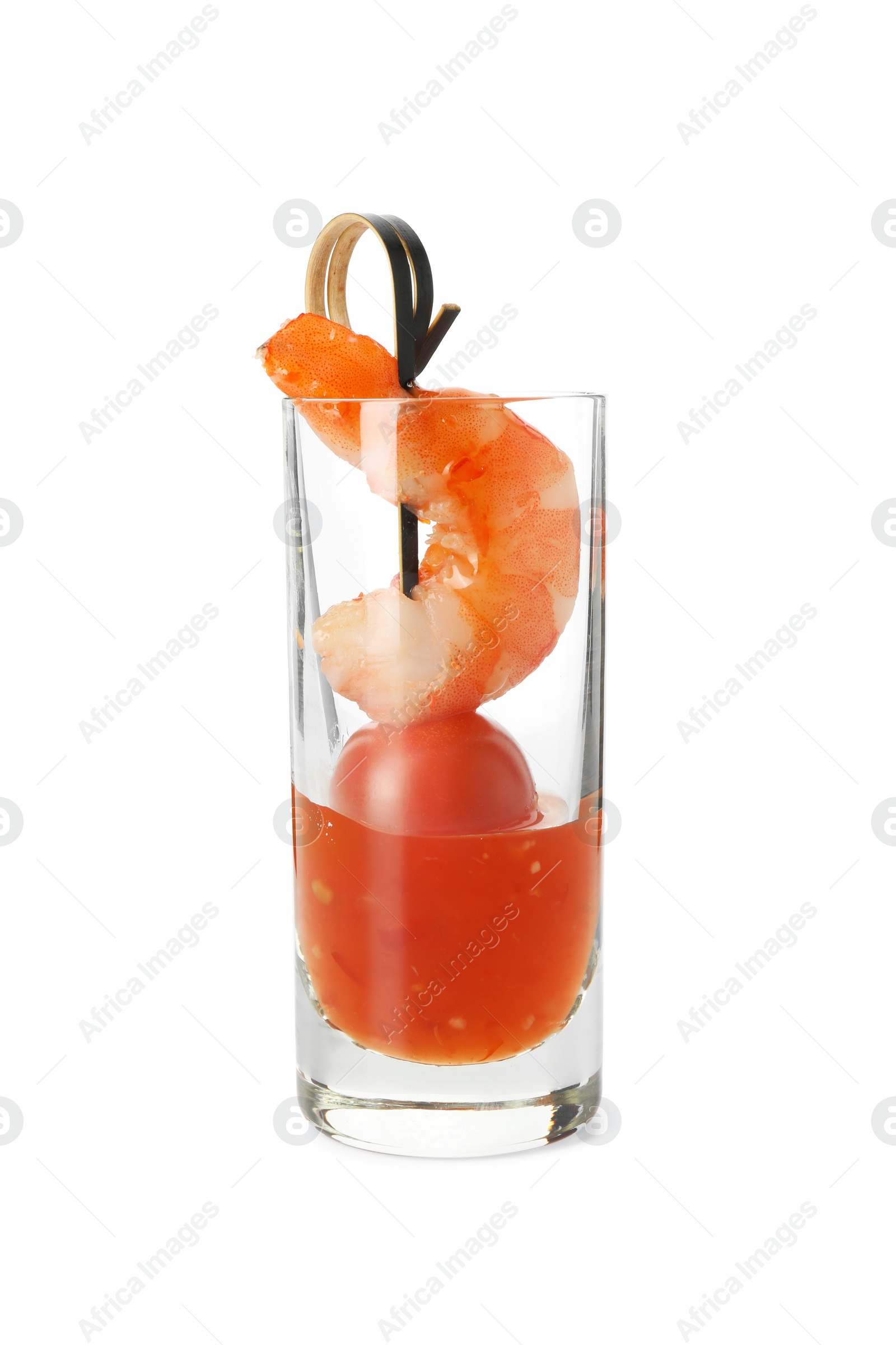 Photo of Tasty canape with shrimp, tomato and sauce in shot glass isolated on white