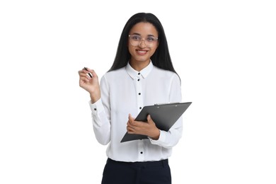 Photo of Beautiful secretary with clipboard and pen on white background