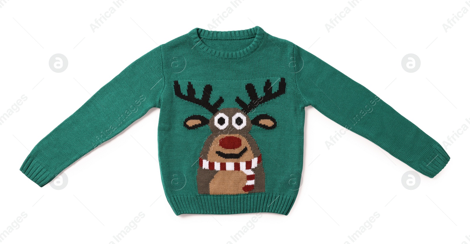 Photo of Teal Christmas sweater with reindeer isolated on white, top view