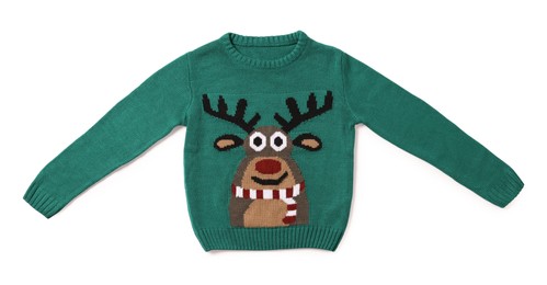 Photo of Teal Christmas sweater with reindeer isolated on white, top view