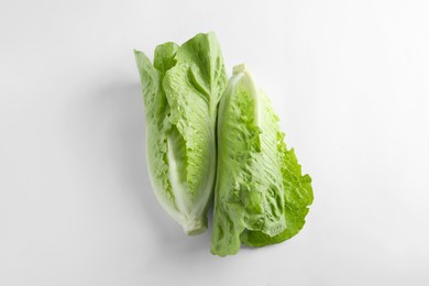 Photo of Fresh green romaine lettuces on white background, top view