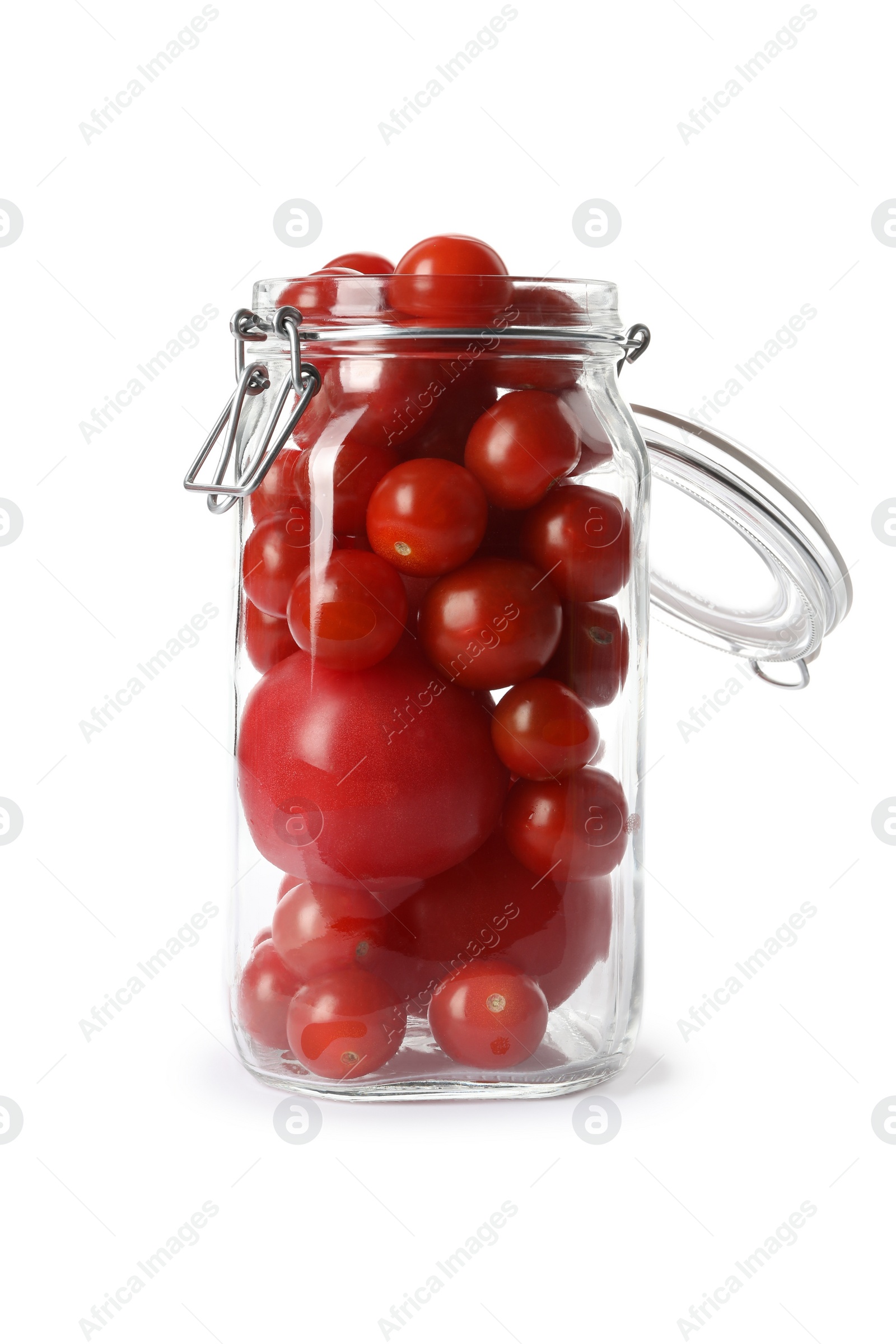 Photo of Pickling jar with fresh tomatoes on white background