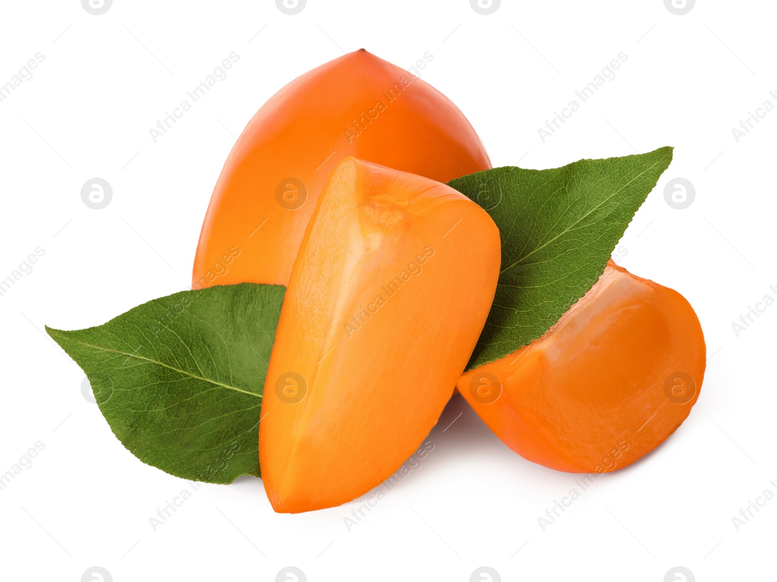 Photo of Whole and cut delicious ripe juicy persimmons on white background