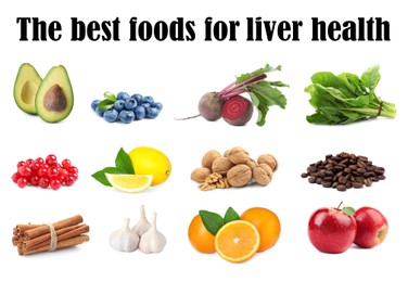 Image of List of the best foods for liver health. Collage with different tasty fresh products on white background