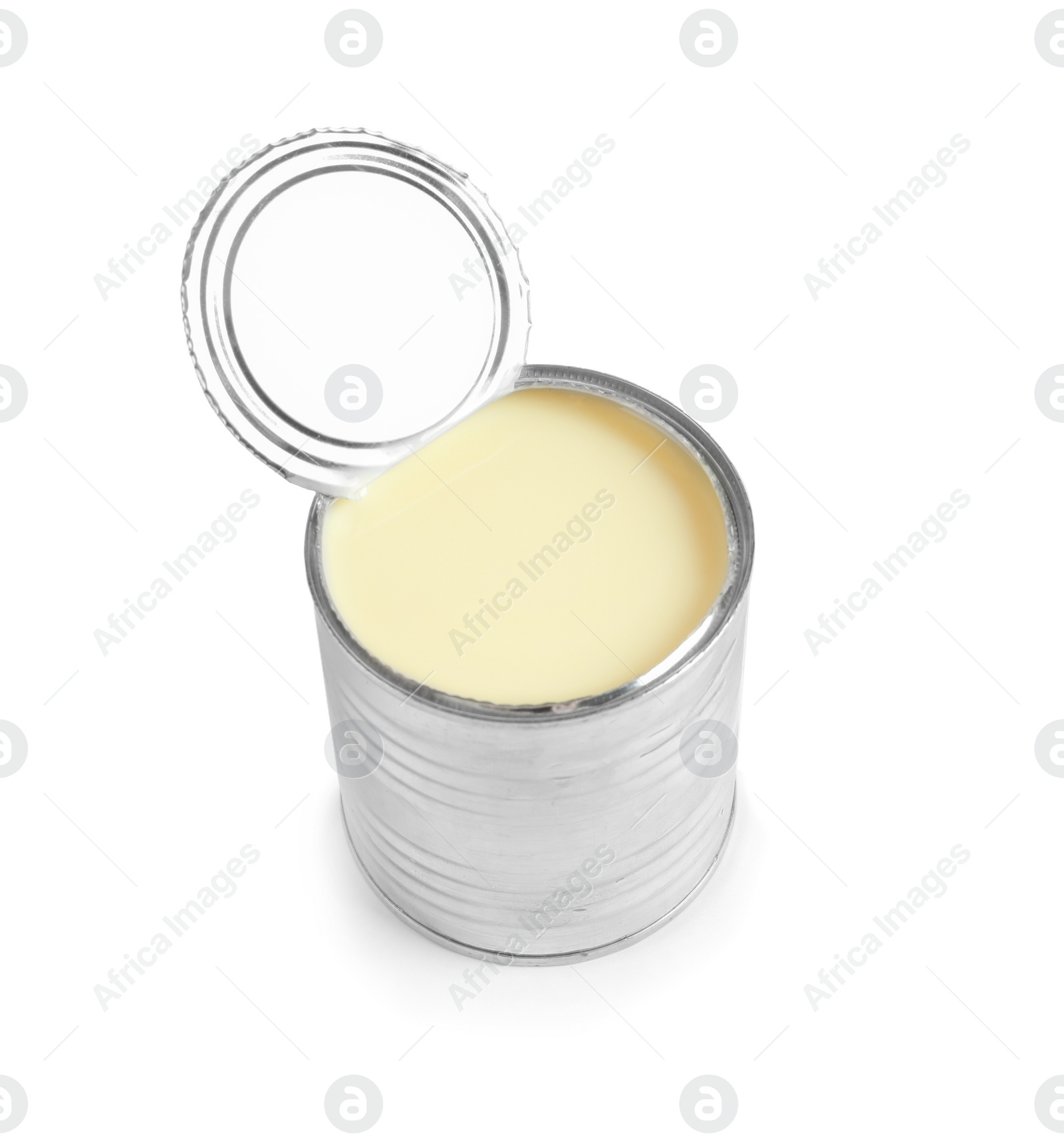 Photo of Tin can with condensed milk on white background. Dairy product