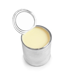 Photo of Tin can with condensed milk on white background. Dairy product