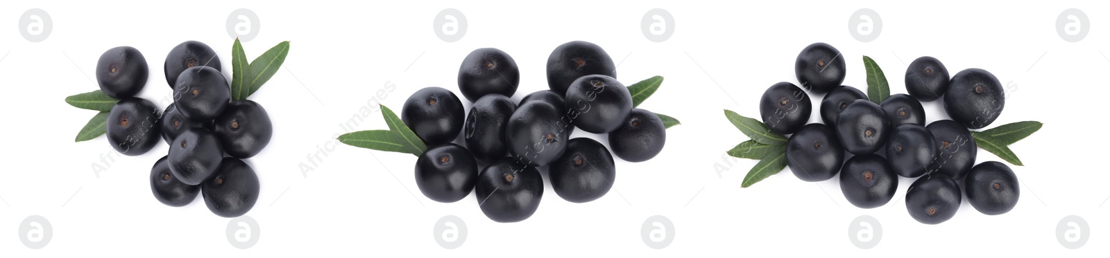 Image of Set with acai berries on white background, top view. Banner design