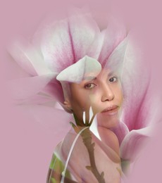 Image of Double exposure of beautiful woman and blooming flowers on pink background