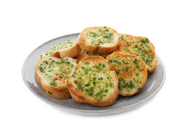 Photo of Slices of toasted bread with garlic and herbs on white background