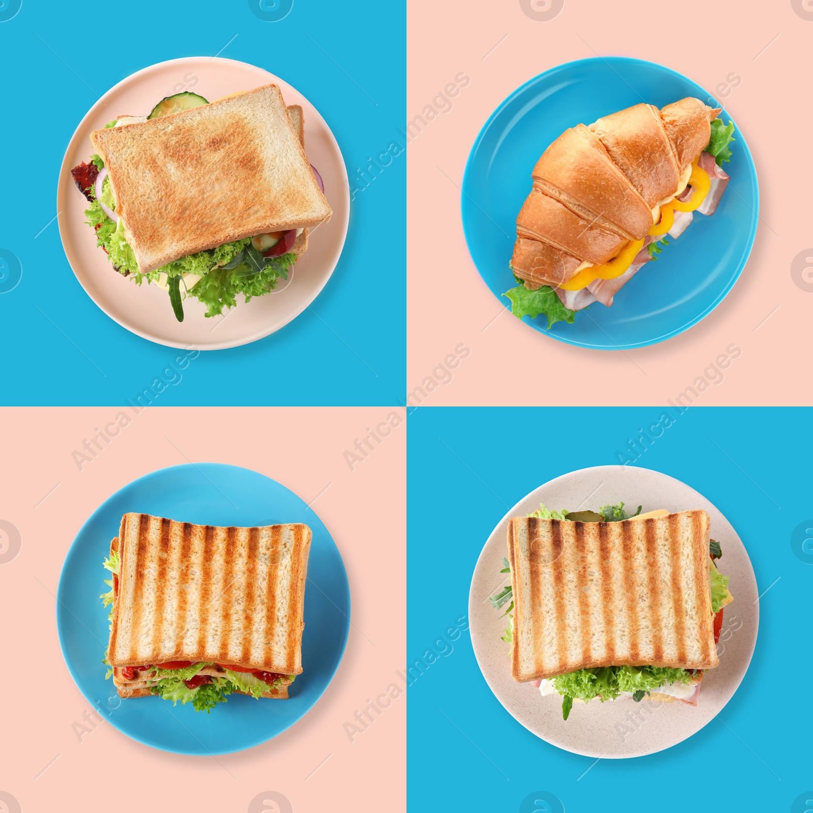 Image of Set of yummy sandwiches and croissant on color background, top view