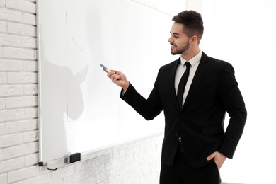 Professional business trainer near whiteboard in office
