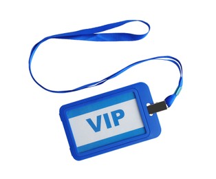 Photo of Blue vip badge isolated on white, top view