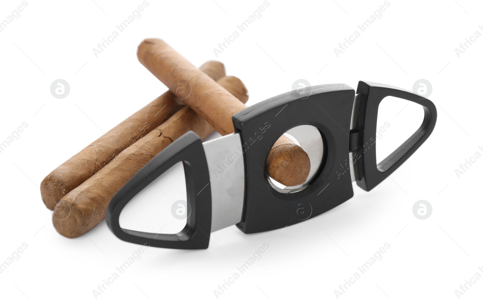 Photo of Cigars and guillotine cutter on white background