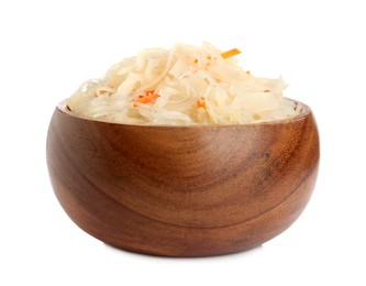 Photo of Bowl of tasty sauerkraut with carrot on white background