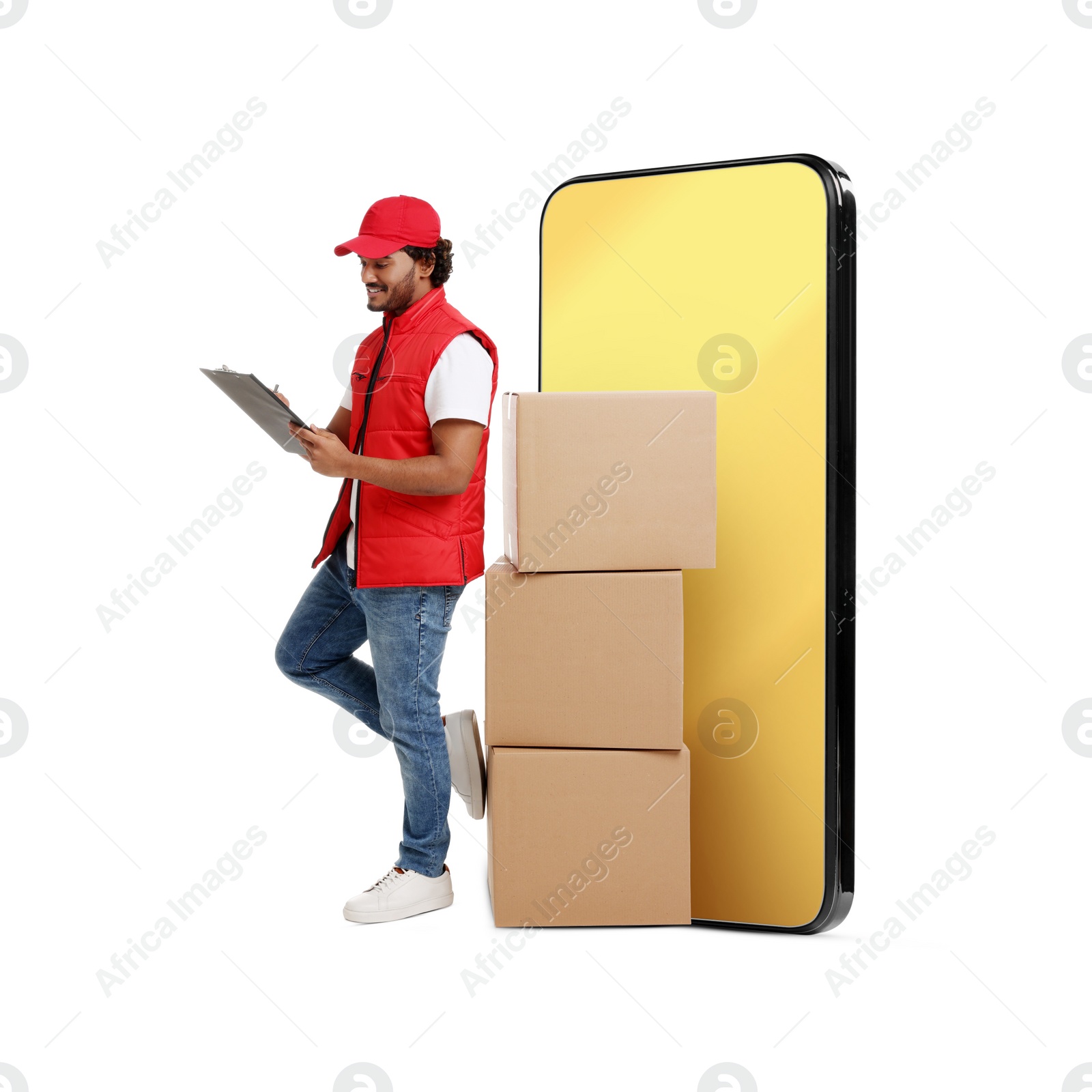 Image of Courier with stack of parcels and clipboard near huge smartphone on white background. Delivery service