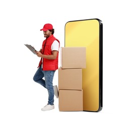 Courier with stack of parcels and clipboard near huge smartphone on white background. Delivery service