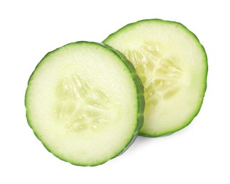 Slices of fresh cucumber isolated on white, above view