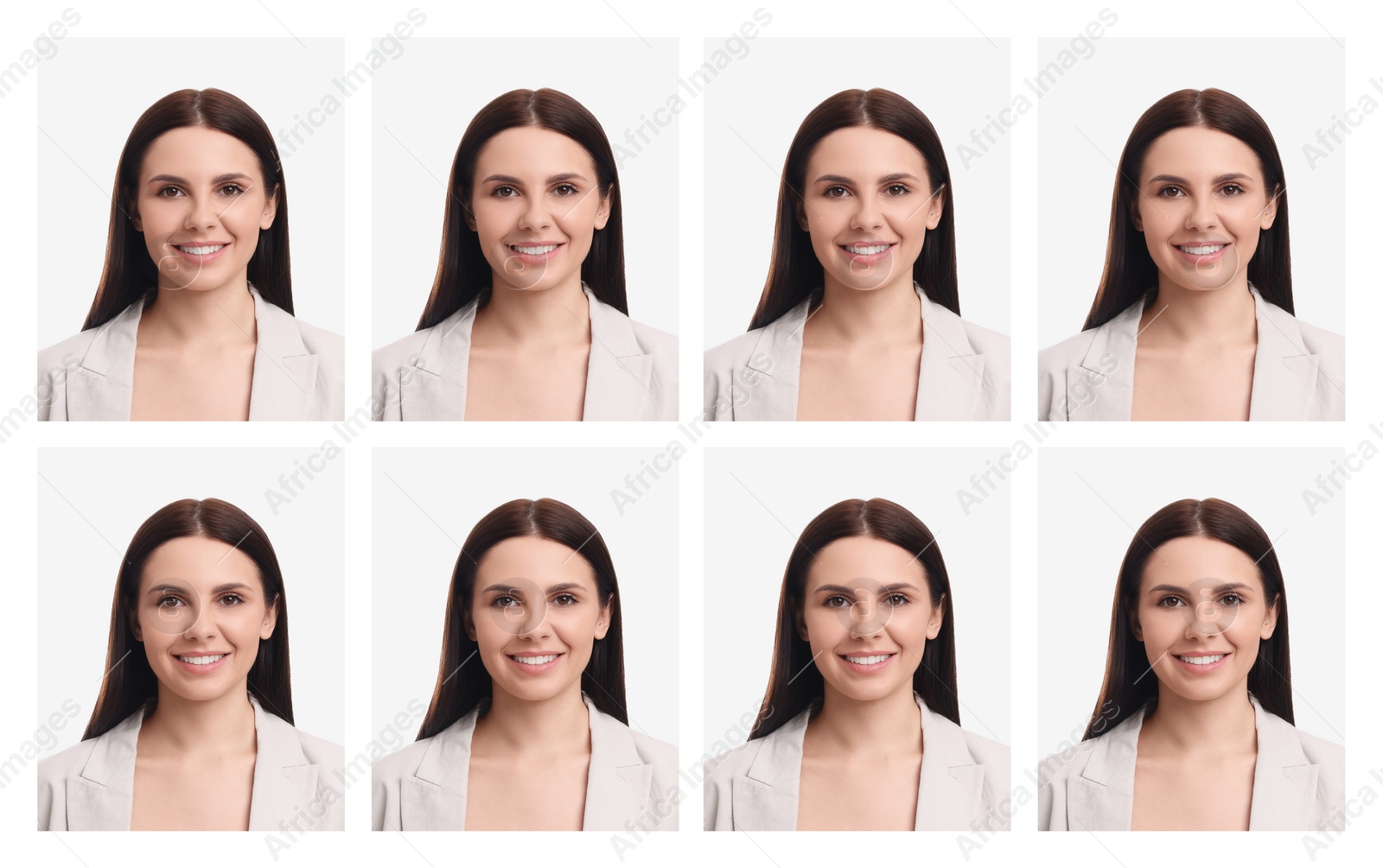 Image of Passport photo, collage. Woman on white background, set of photos