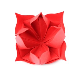 Photo of Origami art. Handmade red paper flower on white background