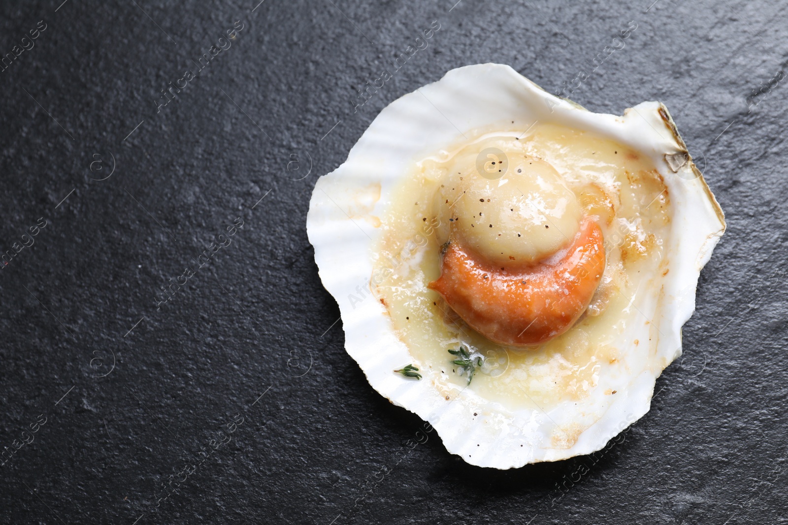 Photo of Fried scallop in shell on black table, top view. Space for text