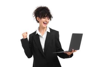 Photo of Beautiful emotional businesswoman using laptop on white background