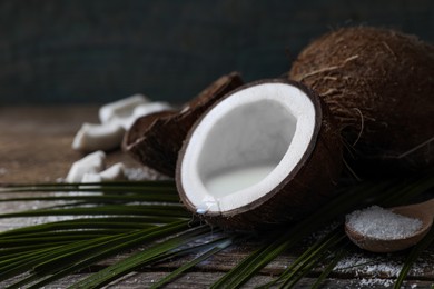 Photo of Coconut milk, flakes, nuts and palm leaf on wooden table, closeup. Space for text