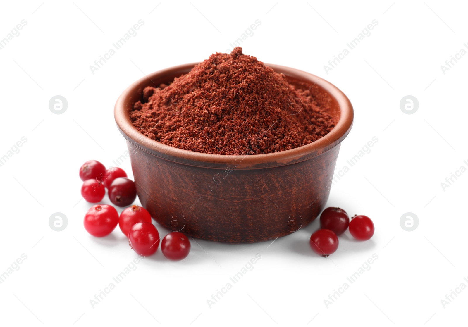 Photo of Cranberry powder in bowl and fresh berries isolated on white