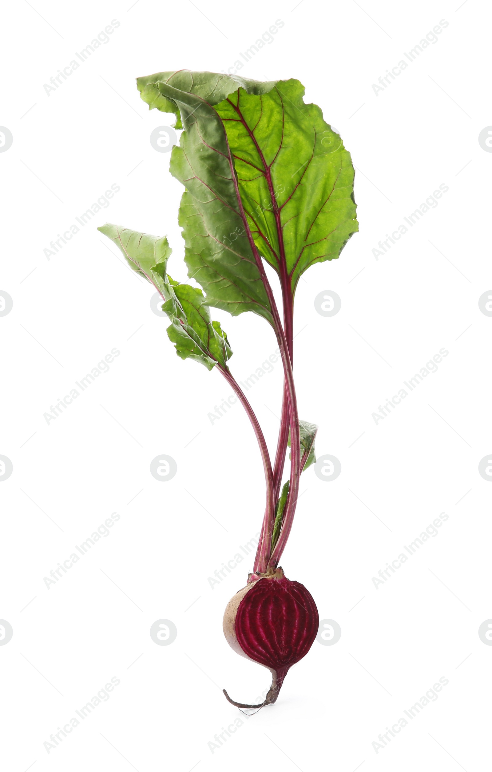 Photo of Half of fresh beet with leaves on white background