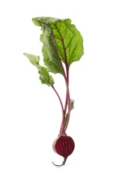 Photo of Half of fresh beet with leaves on white background