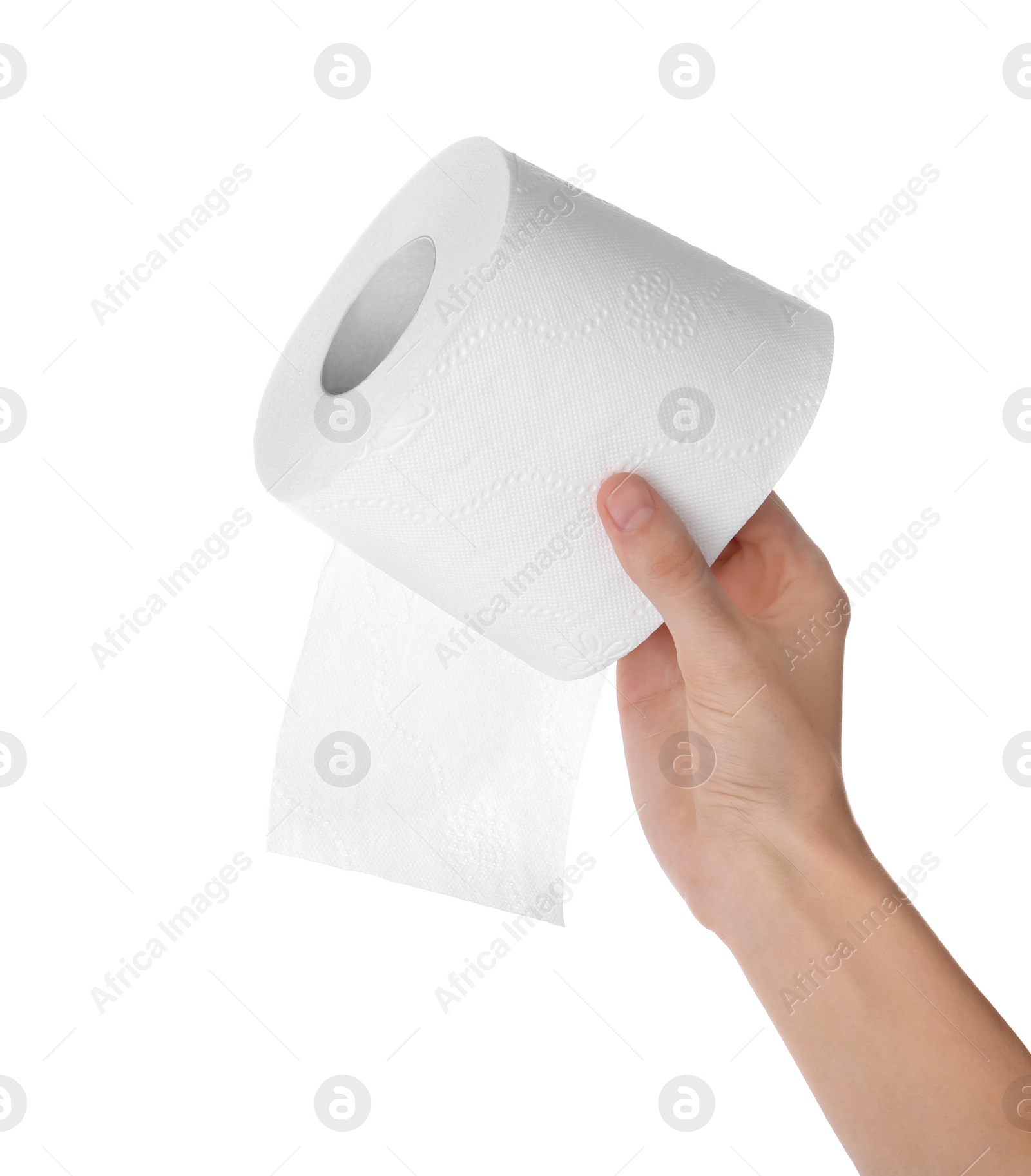 Photo of Woman holding toilet paper roll on white background. Personal hygiene