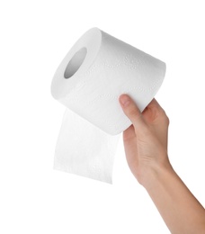 Woman holding toilet paper roll on white background. Personal hygiene