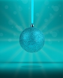 Image of Beautiful Christmas ball hanging on color background