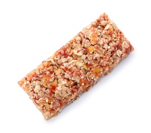 Photo of Tasty protein bar on white background, top view