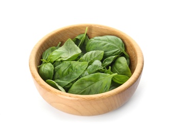 Photo of Bowl of fresh green basil leaves on white background