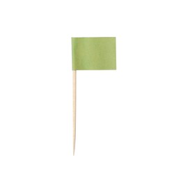 Photo of Small green paper flag isolated on white, top view